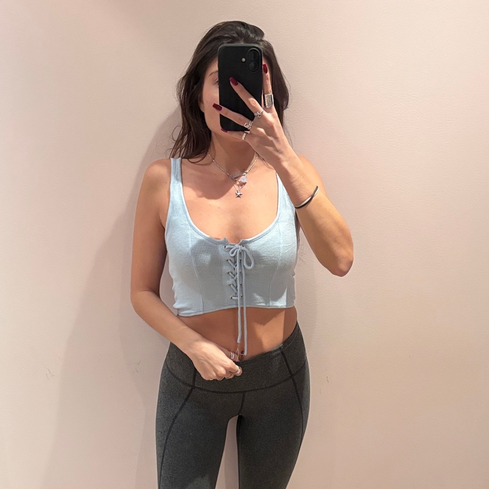 Kendall & Kylie Small Light Blue Ribbed Crop Lace Up Periwinkle Stretch Scoop